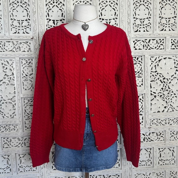 Vintage Tally Ho Red Cable Knit Grannycore Button Up Chunky Cardigan Sz Medium - Picture 1 of 8